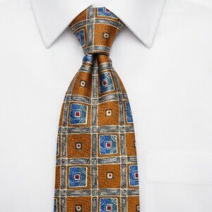 Robert Talbott Omaggio Silk Tie Handmade Italy Geometric Antique Gold Blue Retro